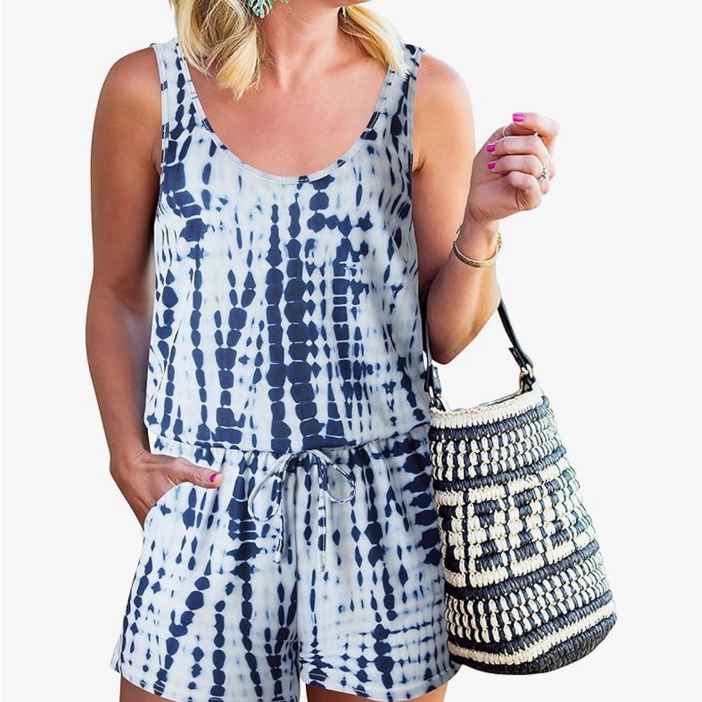 Blue and White Tie-Dye Romper Jumpsuit